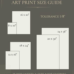May include: An art print size guide chart on a dark gray background with white text. It lists dimensions in inches: 8x10, 16x20, 12x16, 18x24, 20x30, and 24x36. It includes a tolerance of 1/8 inch and the text: IF YOU NEED A SIZE NOT SHOWN-MESSAGE ME.