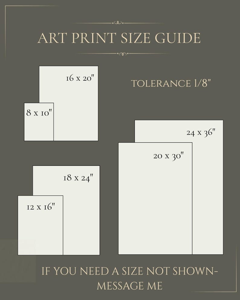 May include: An art print size guide chart on a dark gray background with white text. It lists dimensions in inches: 8x10, 16x20, 12x16, 18x24, 20x30, and 24x36. It includes a tolerance of 1/8 inch and the text: IF YOU NEED A SIZE NOT SHOWN-MESSAGE ME.