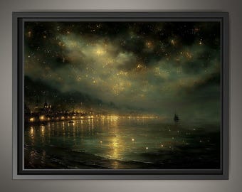 Harbour Seascape Wall Art Print, Dark Coastal Nighttime Landscape, Gold Night Sky Decor