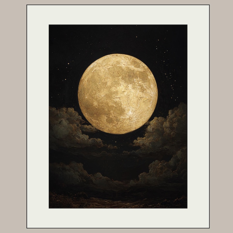 Golden Full Moon Wall Art Print, Celestial Night Sky Cloudscape ...