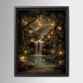 Enchanted Woodland Waterfall Print, Fireflies and Golden Lights Magical Forest Tree Painting
