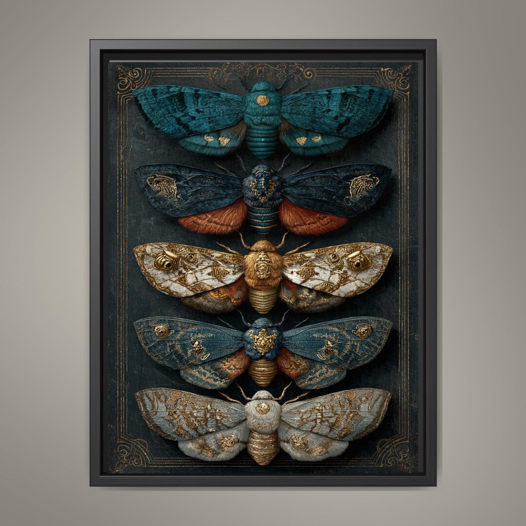 Five Moths Wall Art Print, Dark Academia Moth Specimen Board, Victorian ...