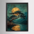 Japanese Golden Moon Wall Art Print, Teal Pine Tree Landscape, Moody Luxury Decor Artwork