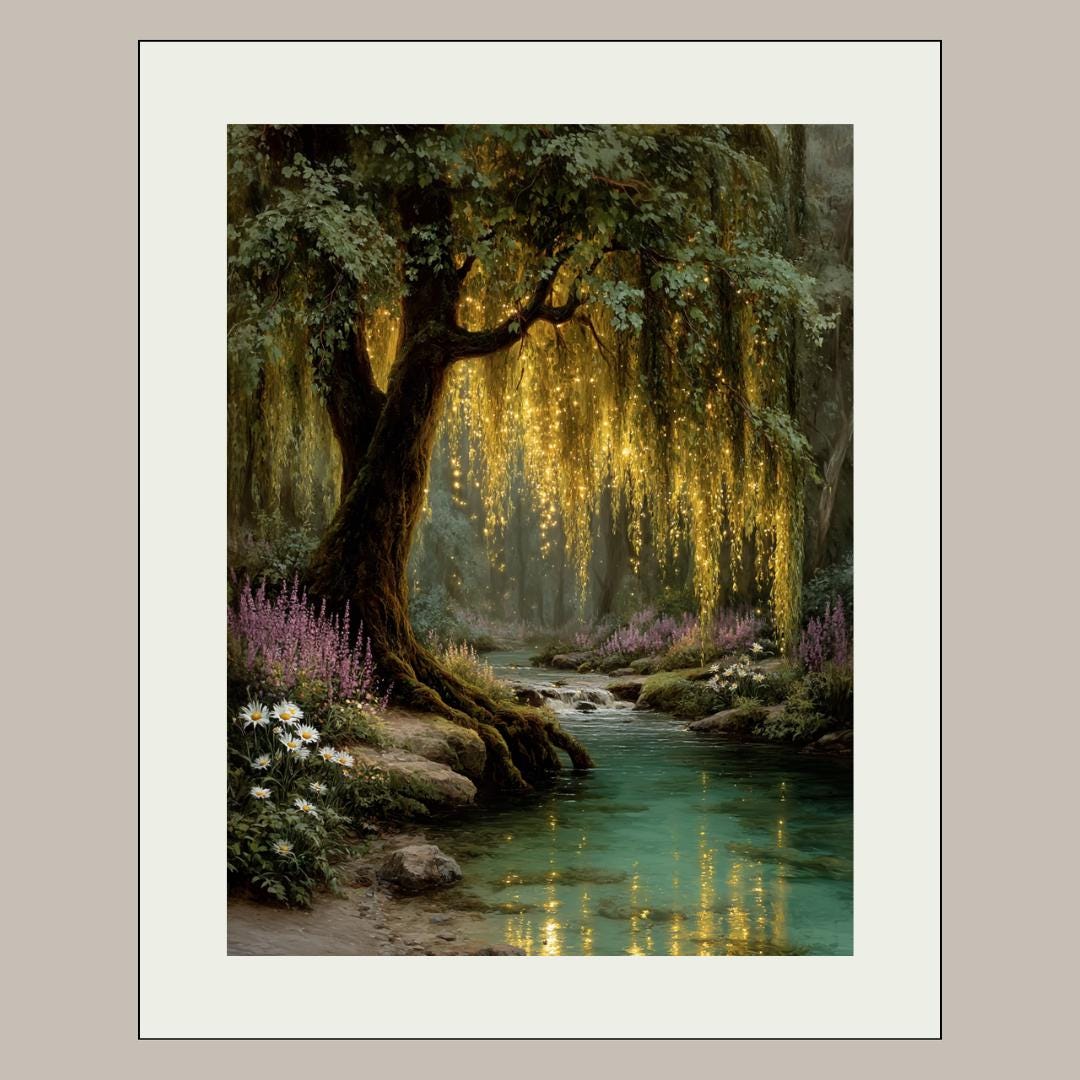 Enchanted Weeping Willow Firefly Print William Morris Inspired