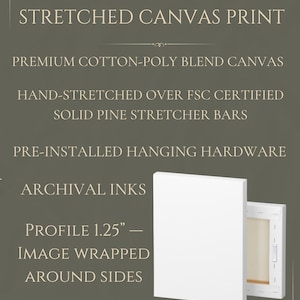 May include: A stretched canvas print featuring premium cotton-poly blend canvas hand-stretched over FSC certified solid pine stretcher bars with pre-installed hanging hardware, archival inks, and a 1.25-inch profile with image wrapped around sides.
