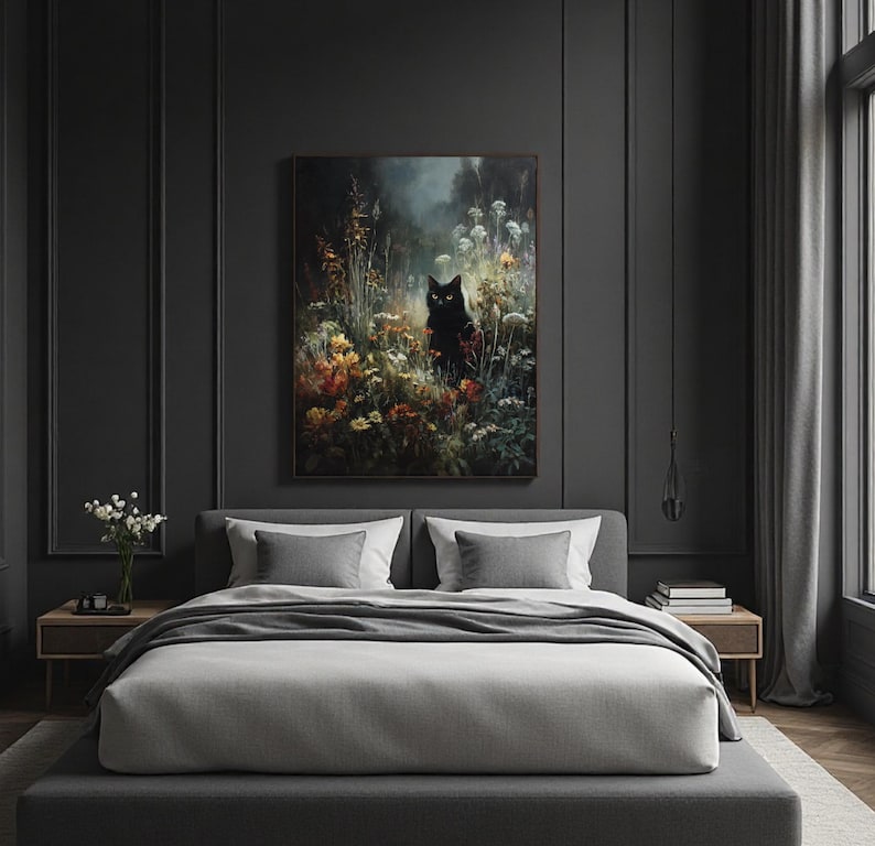 Vintage Black Cat Wall Art Print, Oil Painted Style Wildflowers Moonlit ...
