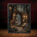 Enchanted Fairy Portal Forest Print, Mystical Woodland Painting, Vintage Firefly Wall Art, Fantasy Lanterns in Trees Large Canvas Decor