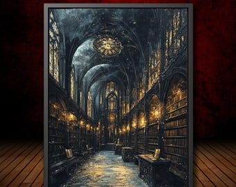 Gothic Cathedral Library Art Print Bookshelves Golden Lamplight Dark Academia Decor Vintage Ethereal Moody Printed Oil Painting