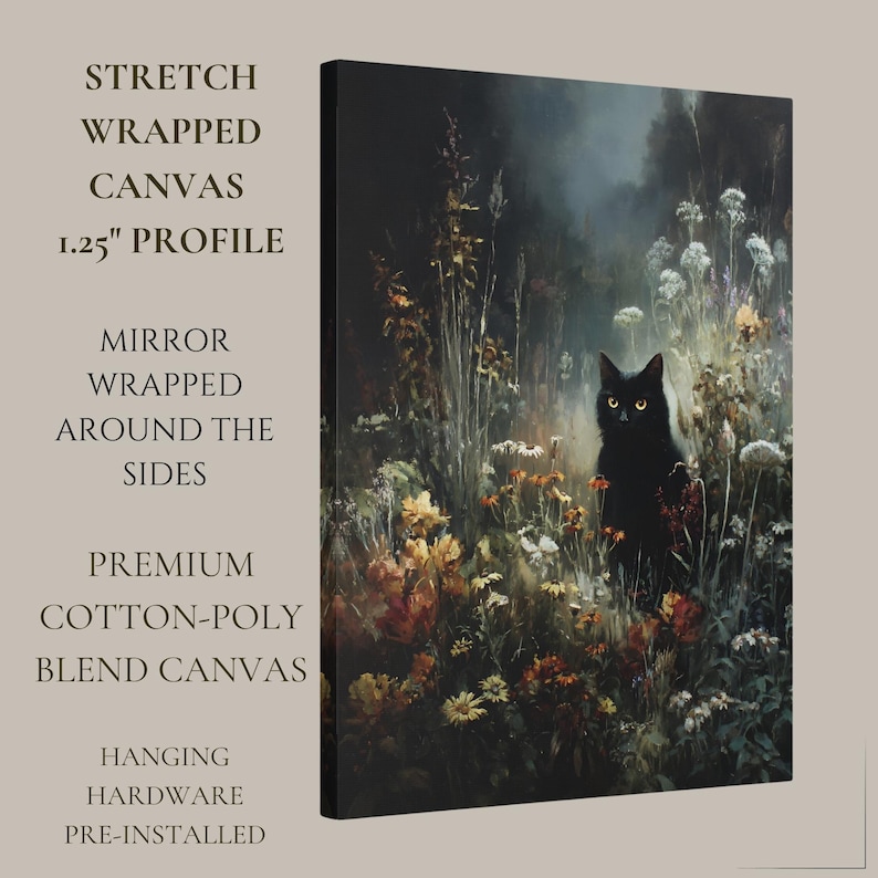Vintage Black Cat Wall Art Print, Oil Painted Style Wildflowers Moonlit ...