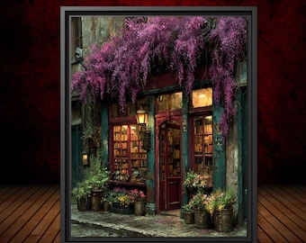 Vintage Bookstore with Wisteria Print, Old Book Shop Oil Style Painting Printed, Victorian  Street Scene, Dark Academia Decor Romantic Rooms