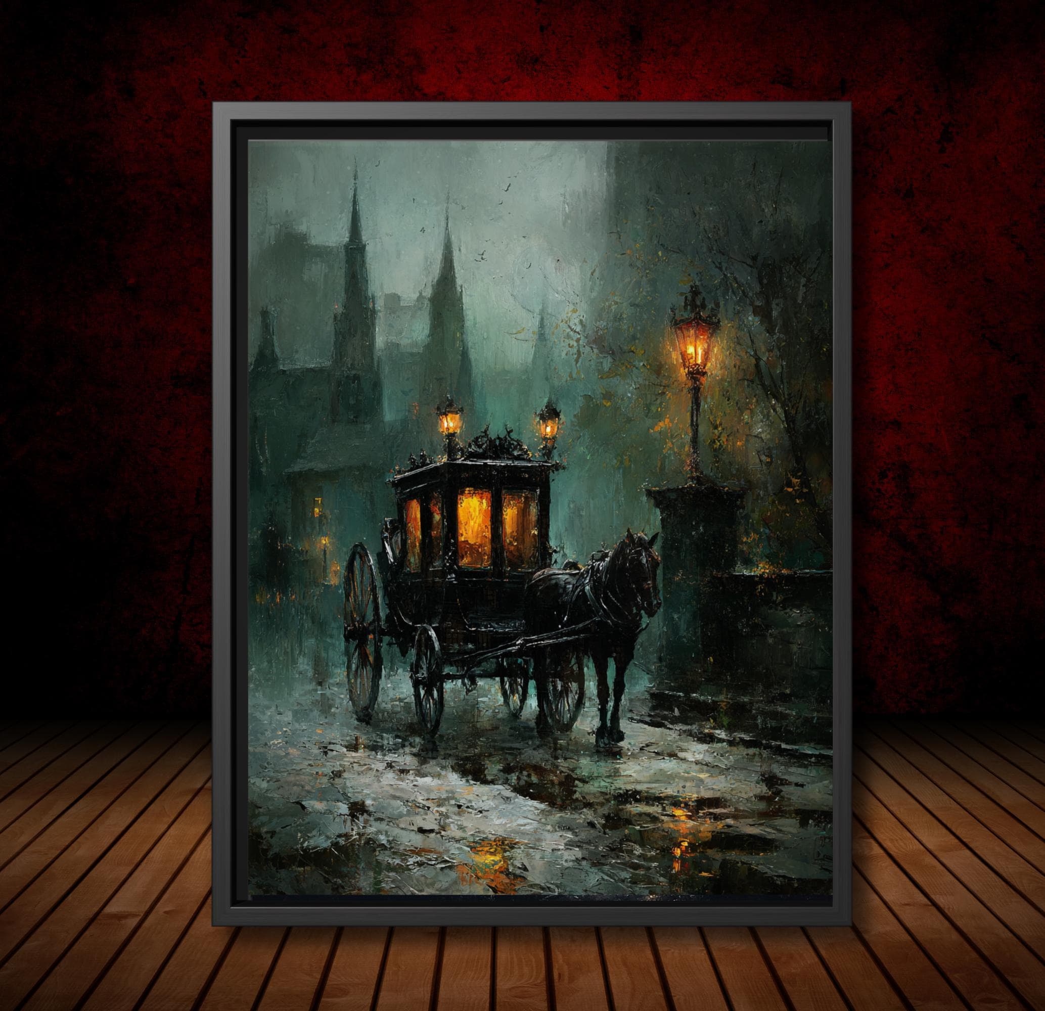 Victorian Gothic Carriage Art Print Dark Academia Wall Decor, Haunted Street Horse Carriage Artwork, Mysterious Cityscape, Moody Vintage