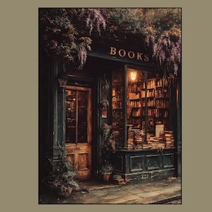 Moody vintage bookstore exterior with warm golden light shining through windows filled with old books, ivy and wisteria framing the dark wooden door. An art paper poster.