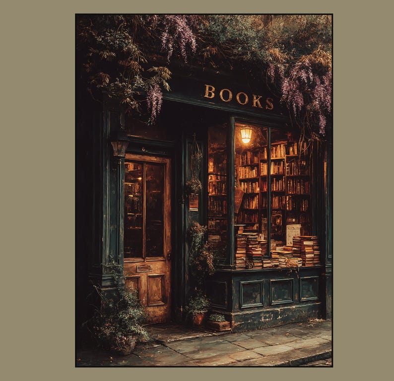 Moody vintage bookstore exterior with warm golden light shining through windows filled with old books, ivy and wisteria framing the dark wooden door. An art paper poster.