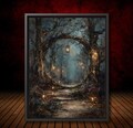 Winter Forest Circular Portal Through Trees, Wall Art Print Woodland Path with Glowing Lanterns,