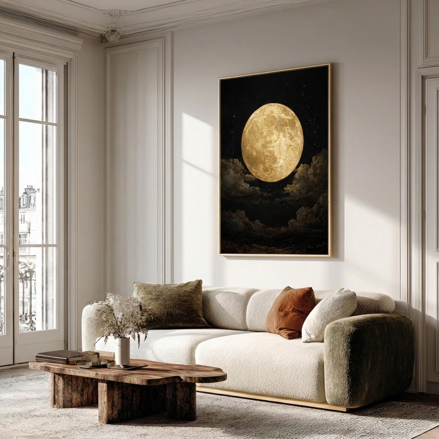 Golden Full Moon Wall Art Print, Celestial Night Sky Cloudscape ...