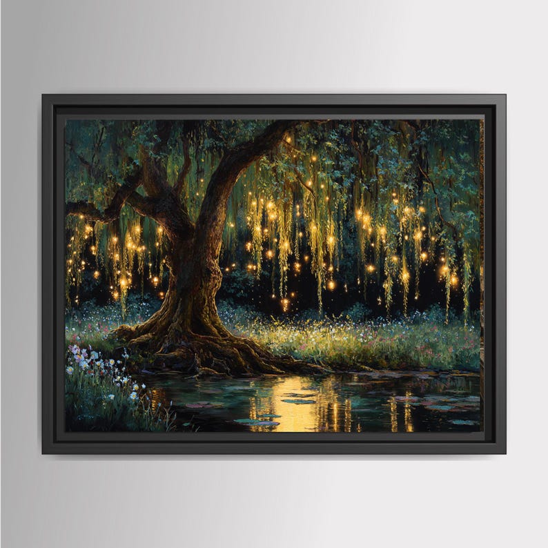 Glowing willow tree beside a reflective river at night with golden lights and wildflowers.