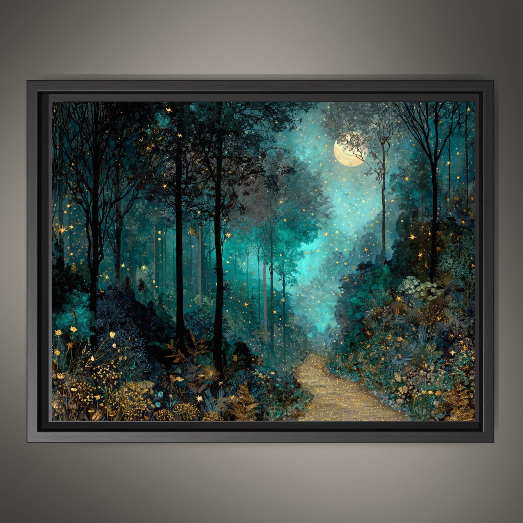 Moonlit Path Enchanted Forest Wall Art Print, Teal Woodland, Dark ...