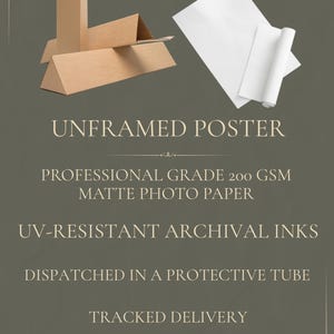 May include: An unframed poster printed on professional grade 200 GSM matte photo paper with UV-resistant archival inks. The product is shown with a brown cardboard protective tube and white paper sheets, indicating it is shipped in a tube.
