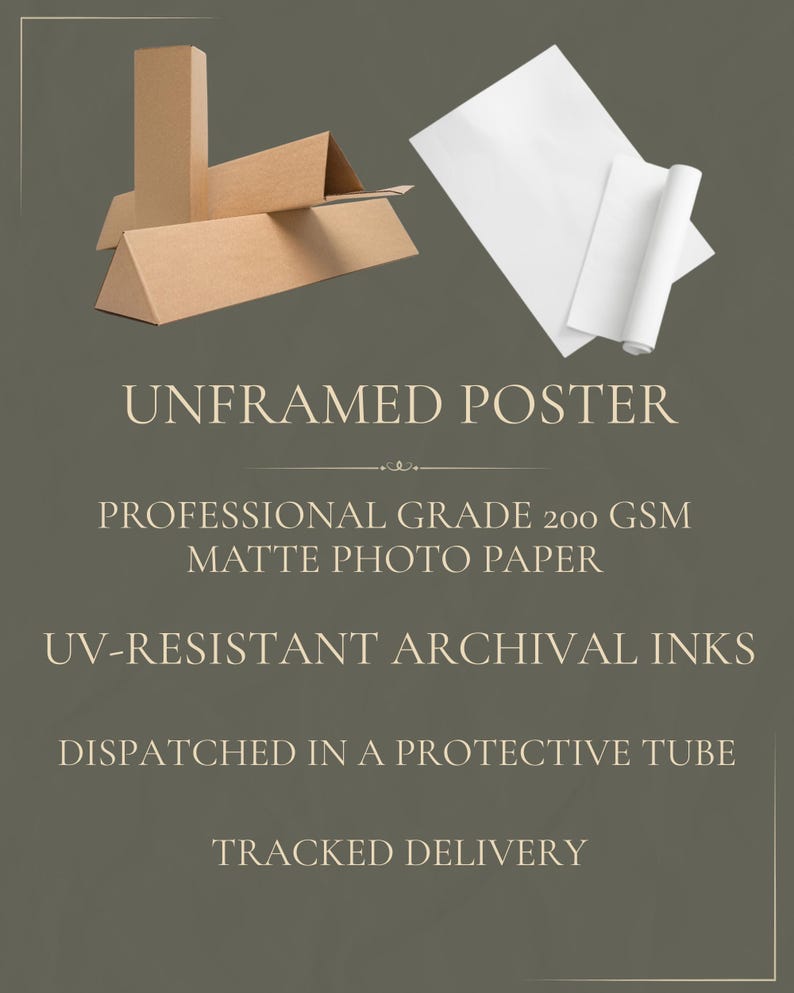 May include: An unframed poster printed on professional grade 200 GSM matte photo paper with UV-resistant archival inks. The product is shown with a brown cardboard protective tube and white paper sheets, indicating it is shipped in a tube.