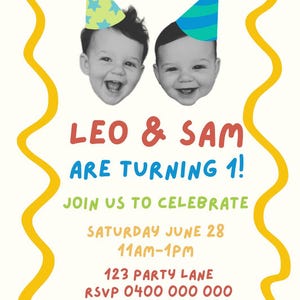 Invitación de cumpleaños digital personalizada para gemelos con gorro de fiesta: invitación con foto personalizada para niños