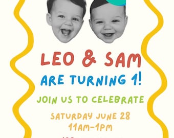 Twin Personalized Digital Birthday Invitation with Party Hat – Custom Photo Invite for Kids
