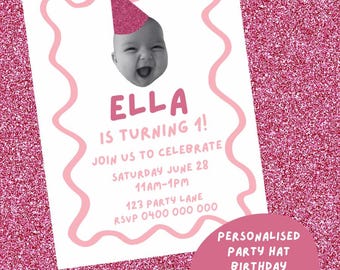 Personalized Digital Birthday Invitation with Party Hat – Custom Photo Invite for Kids