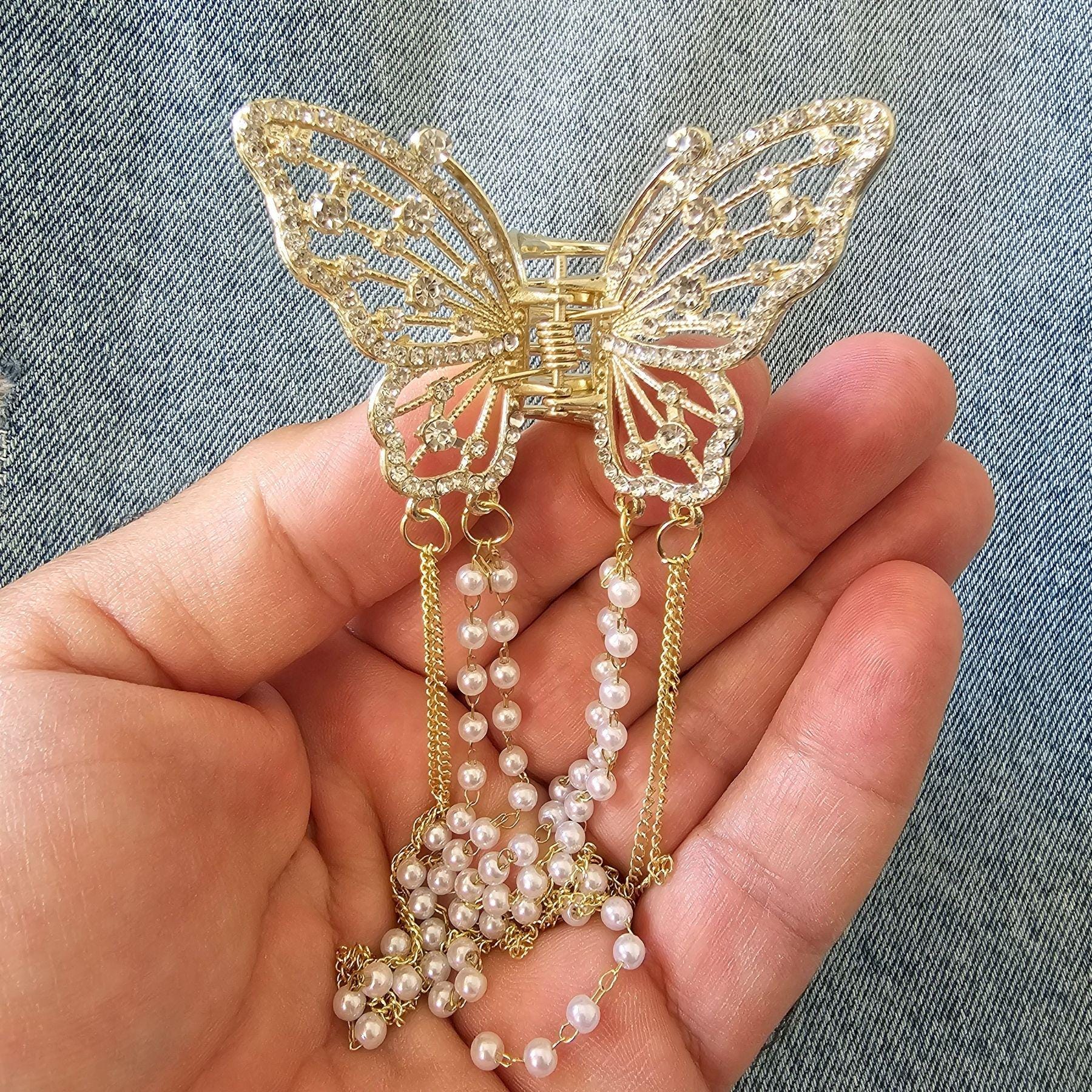 Butterfly Hair Clip, Gold Tone Rhinestone Wings, Pearl  display picture 1