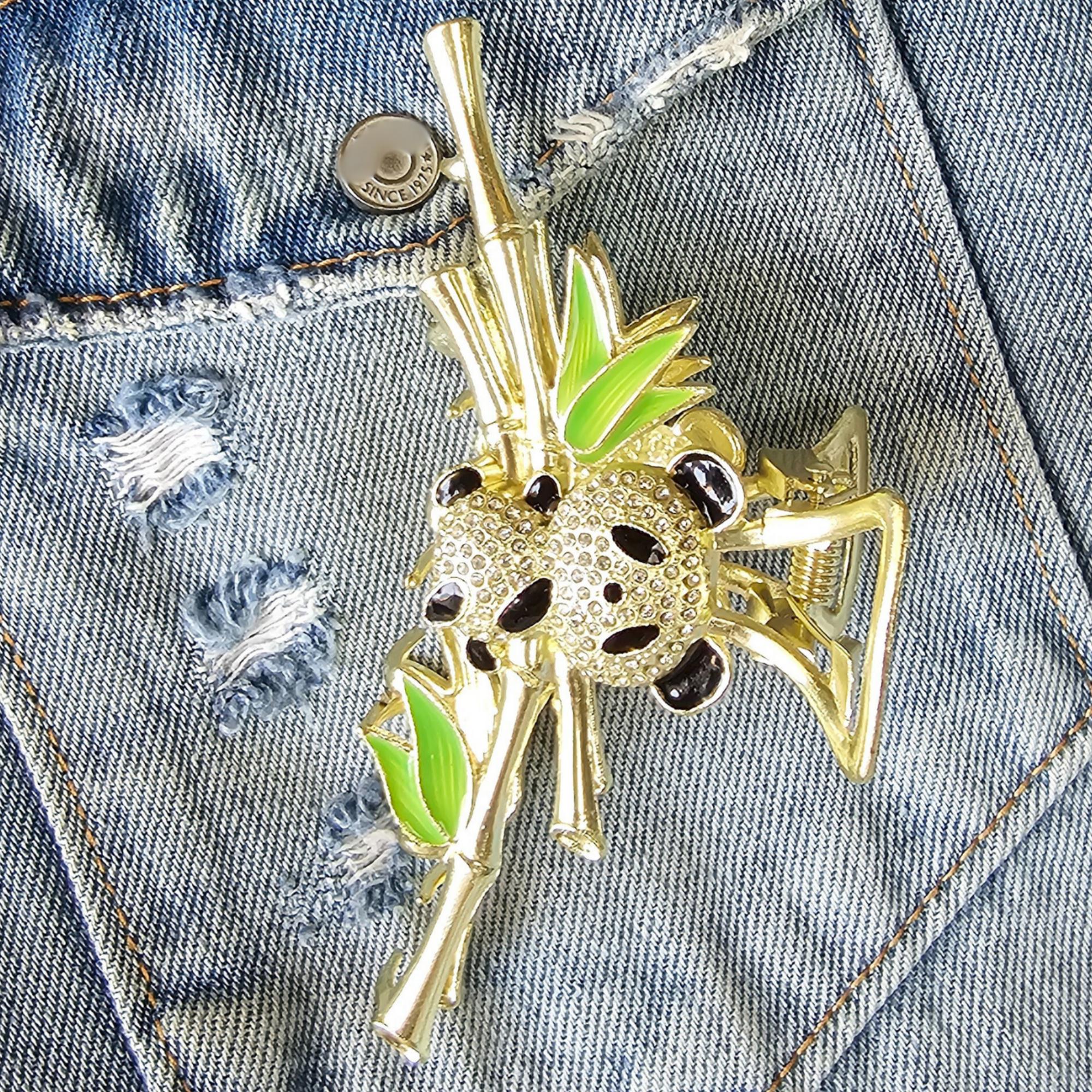 Rhinestone Panda Hairclaw, Gold Bamboo Grip, Animal Design  display picture 1