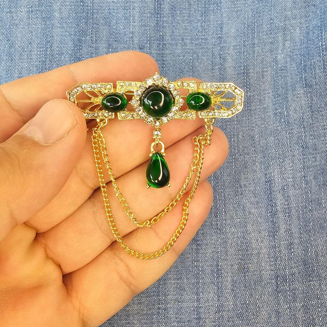 Green Crystal Chain Brooch, Gold Tone Vintage Style Pin, Elegant DIY ...