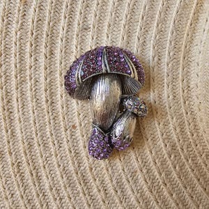 Purple Crystal Mushroom Brooch: Antique Silver Fungi Pin, DIY Jewelry Craft Supply