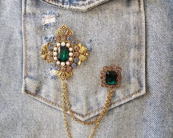 Emerald Green Crystal Brooch, Baroque Victorian Style Pin, DIY Craft Supplies
