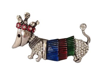 Rhinestone Crowned Dachshund Brooch: Enamel Dog Pin, Animal Jewelry for DIY