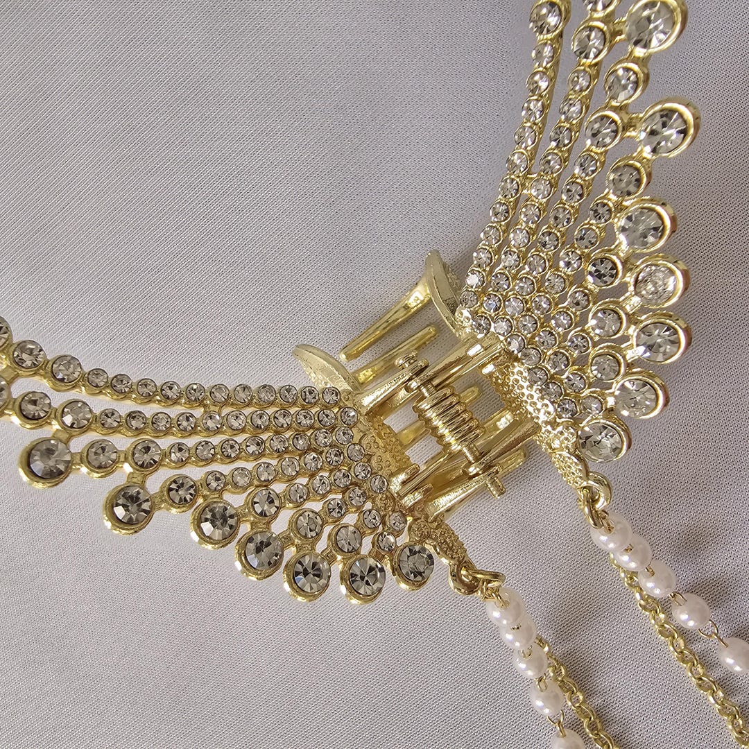 Angel Wing Hair Clip - Rhinestone Pearl Tassel Gold  display picture 1