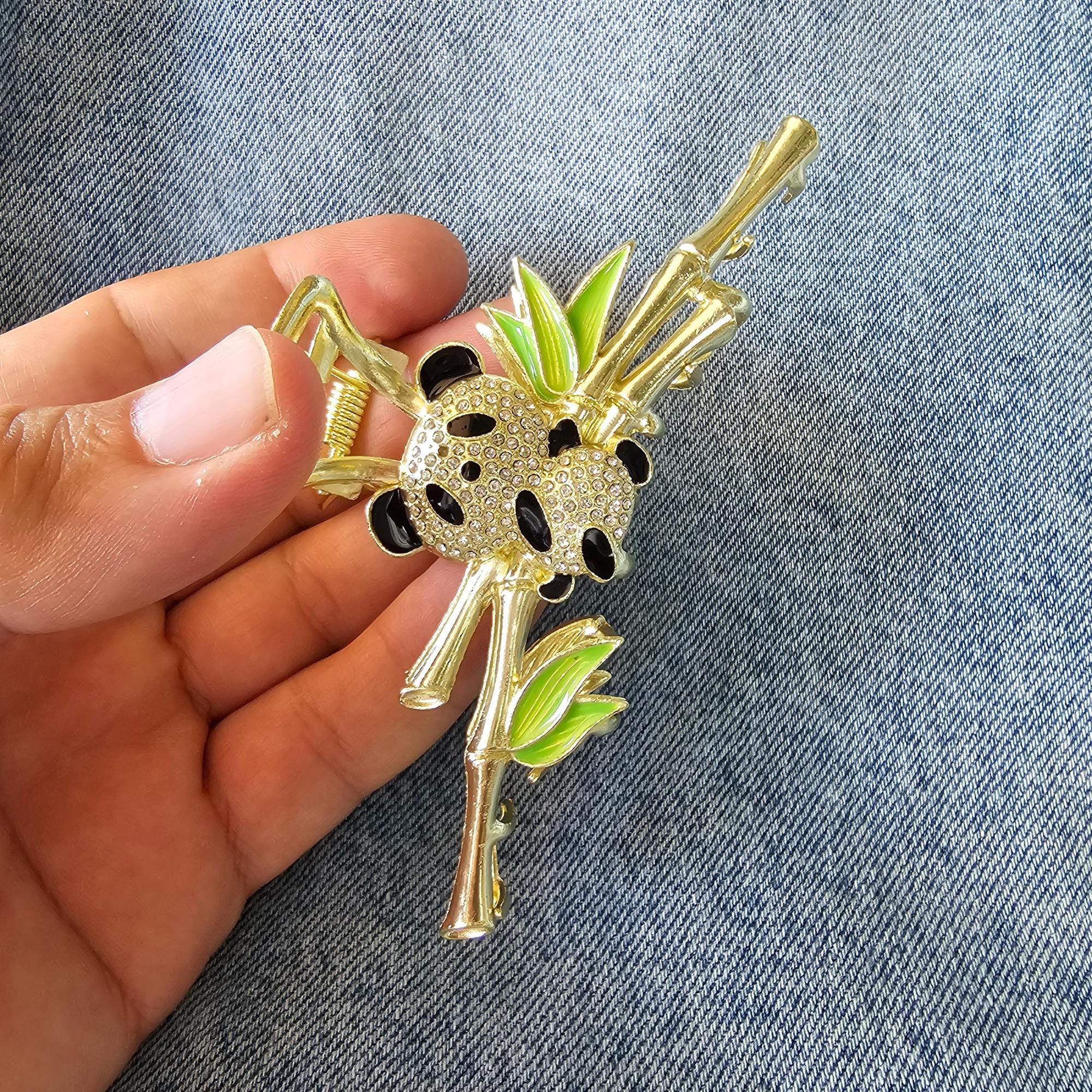 Rhinestone Panda Hairclaw, Gold Bamboo Grip, Animal Design 