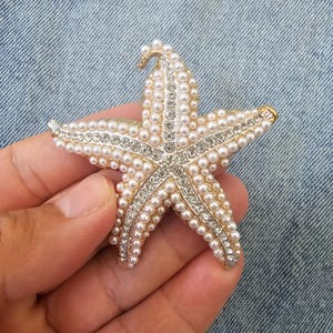 Starfish Brooch, Gold Tone Pearl Rhinestone Pin, Coastal Beach Accessory, Nautical Gift, DIY Craft