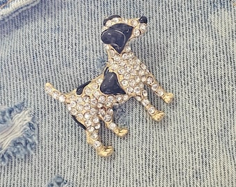 Rhinestone Terrier Dog Brooch, Gold Tone Enamel Animal Pin, DIY Fashion Accessory