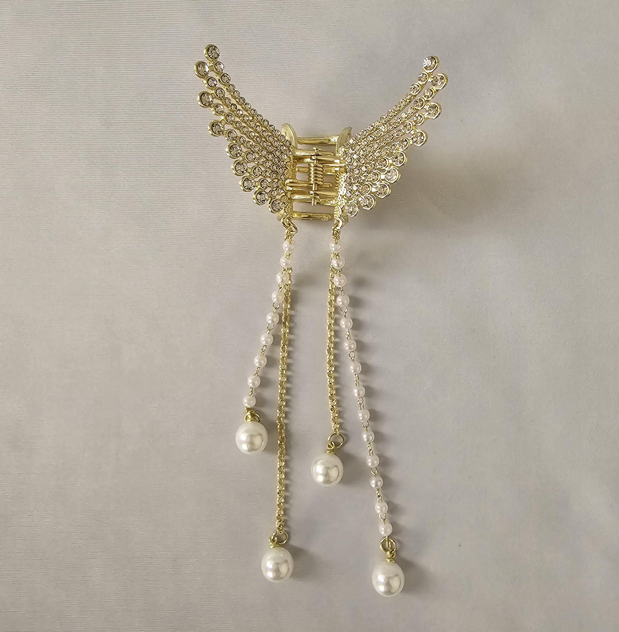 Gold Pearl Rhinestone Angel Wing Hair Clip Claw Hair Accessory Angel Wing Hair Clip - Rhinestone Pearl Tassel Gold  main image 2