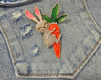 Rhinestone Bunny Brooch, Gold Tone Rabbit Pin with Carrot, Statement, DIY Craft Supply