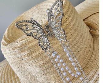 Silver Butterfly Hair Clip with Chains: Rhinestone Fairy Hair Jewelry