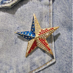 Patriotic Star Brooch Embellishment – Red White Blue Rhinestone Craft Supply – USA Flag Star DIY Pin – Americana Fashion Appliqué