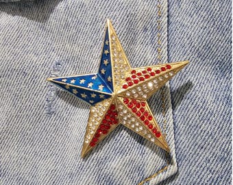 Rhinestone Patriotic Star Brooch: Red White Blue Americana Pin, DIY Jewelry Craft Supply