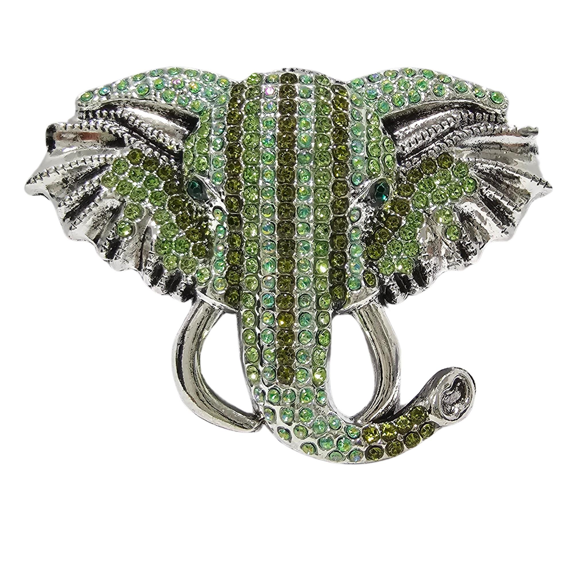 Green Rhinestone Elephant Brooch: Silver-Tone Brass Wildlife Pin, DIY Jewelry Craft Supply