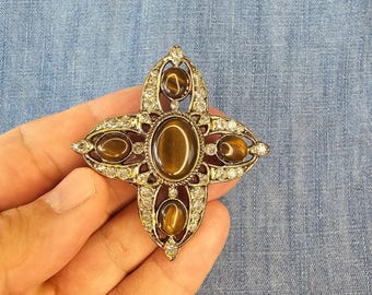 Vintage Rhinestone Cross Brooch, Gold Tone Cross Pin, Christian Jewelry, DIY Making Supply