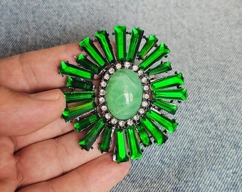 Victorian Emerald Green Crystal Sunburst Brooch, Vintage Inspired Floral Pin, DIY Craft Supply