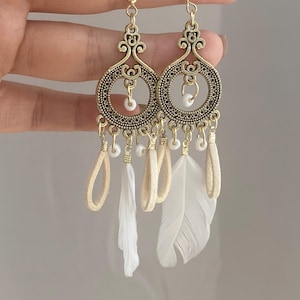 Bohemia Earrings Dangle | Ethnic Earrings | White Feather Earrings | Natural Feather Earrings | Tribal Aztec Earrings | artworkgift for her