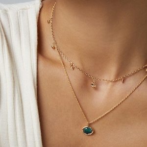 Malachite necklace gold, Natural malachite pendant necklace, Plain necklace or layered necklace set, Malachite gemstone necklace