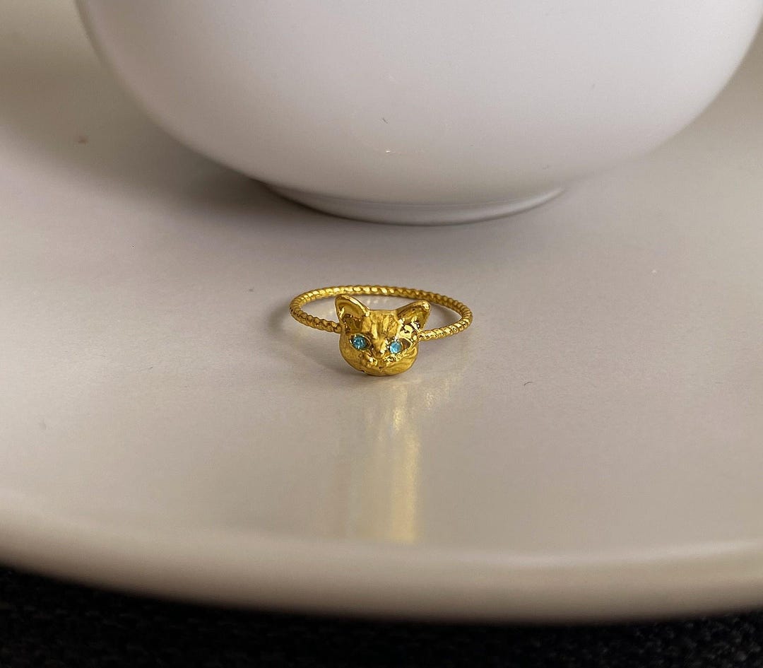 Gold Cute Cat Ring, Blue Diamond Kitty Cat Ring, Cat Lover Gift ...