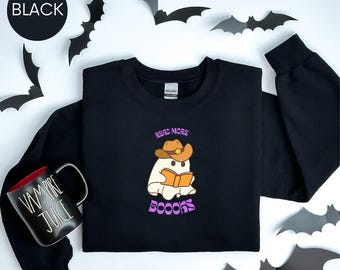 Spooky Season Sweatshirt: Cowboy Ghost Reading Book - Halloween Librarian Gift