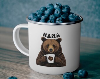 Mama Bear Enamel Camping Mug: Coffee Lover Mom Life Drinkware