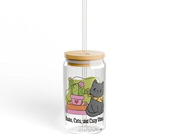 Cat & Cactus Glass Tumbler: Book Lover Drinkware (16oz)
